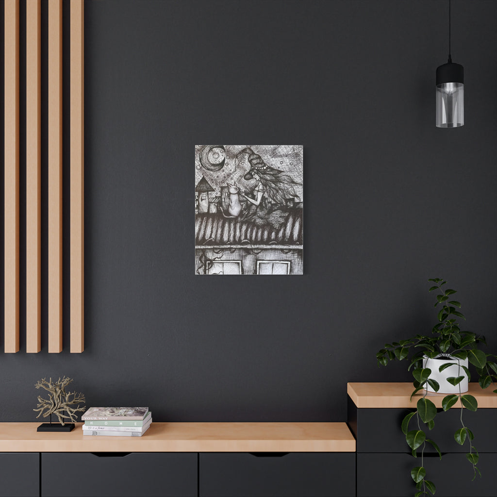 Witch & Cat Rooftop Matte Canvas Wall Art — Black Ink Fantasy Illustration