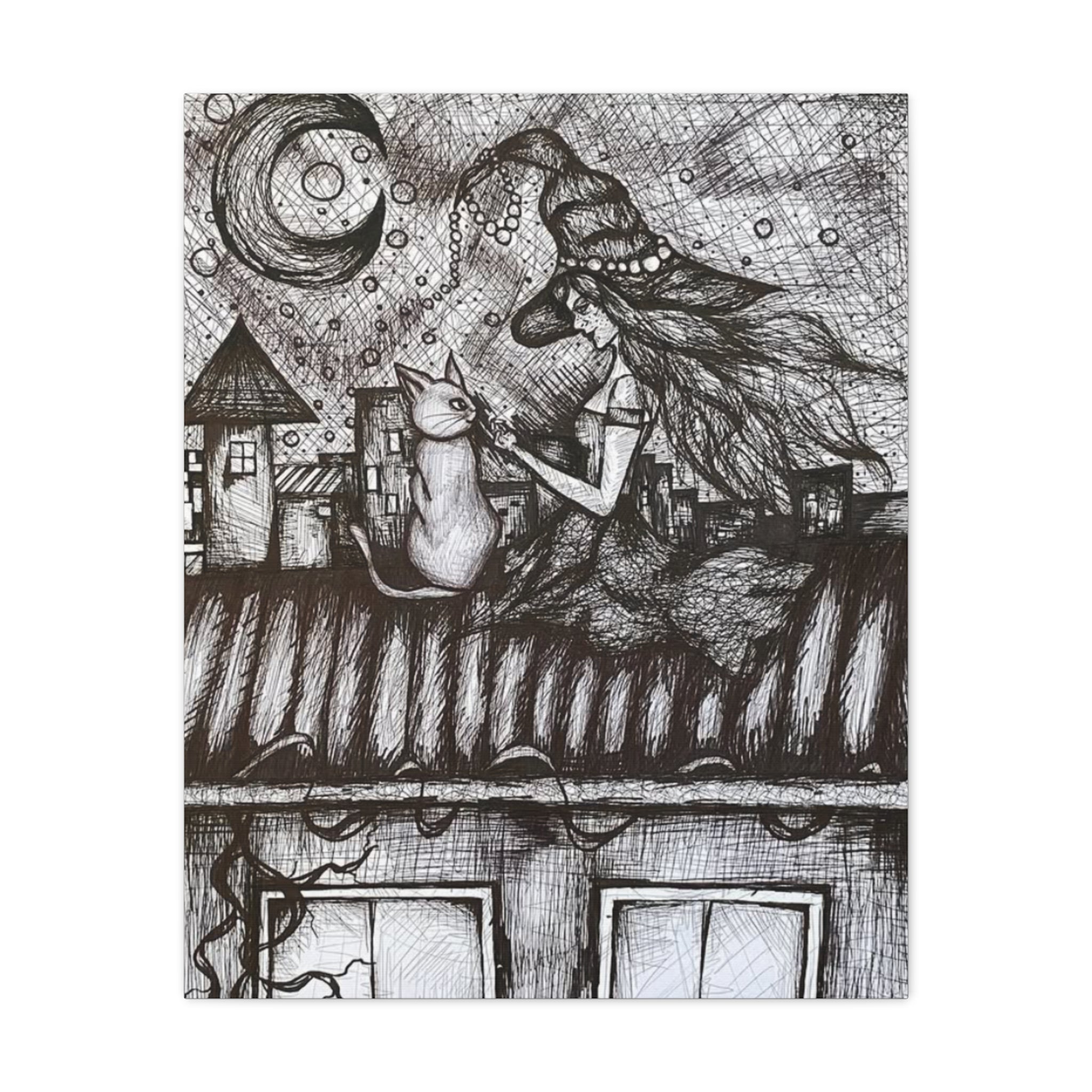 Witch & Cat Rooftop Matte Canvas Wall Art — Black Ink Fantasy Illustration