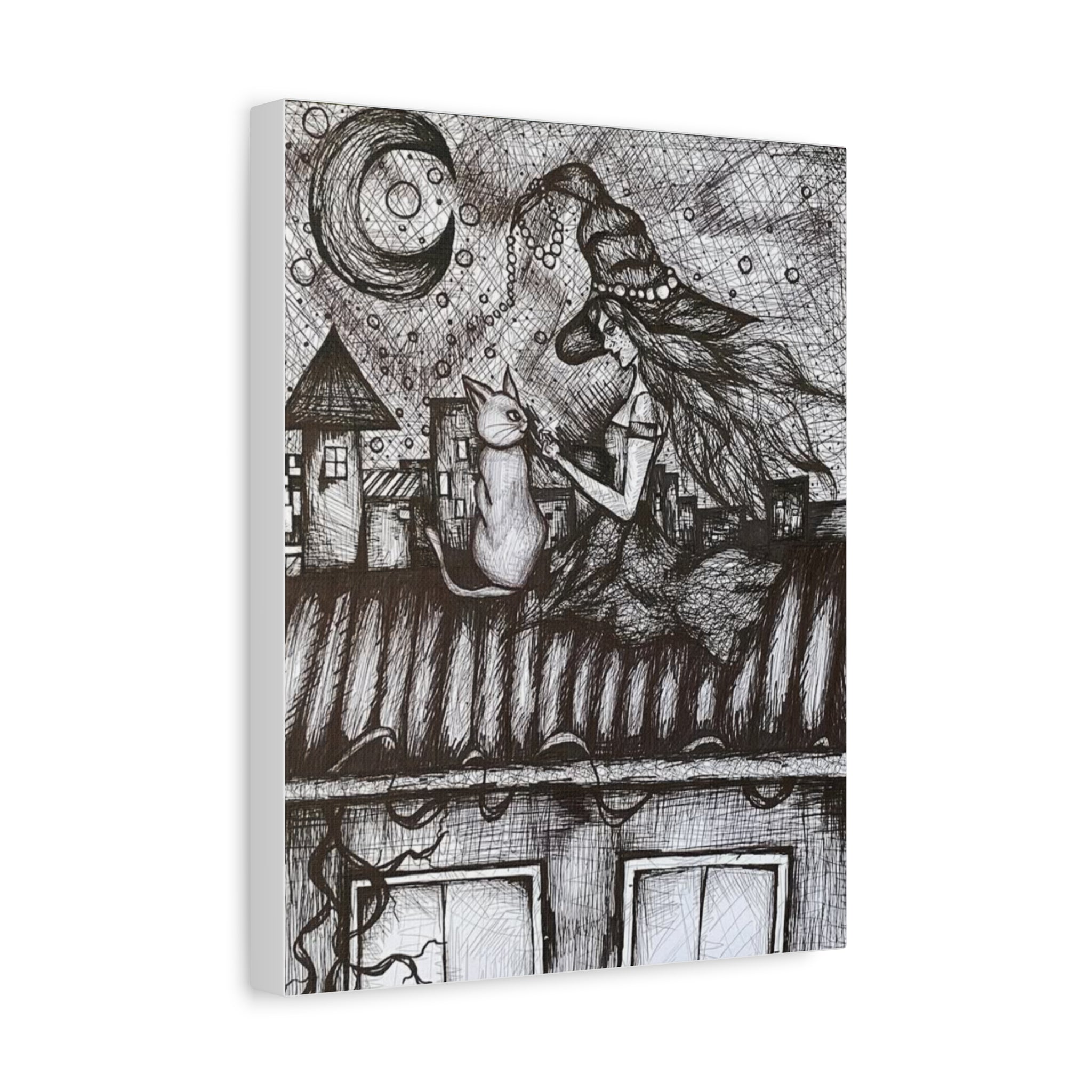 Witch & Cat Rooftop Matte Canvas Wall Art — Black Ink Fantasy Illustration