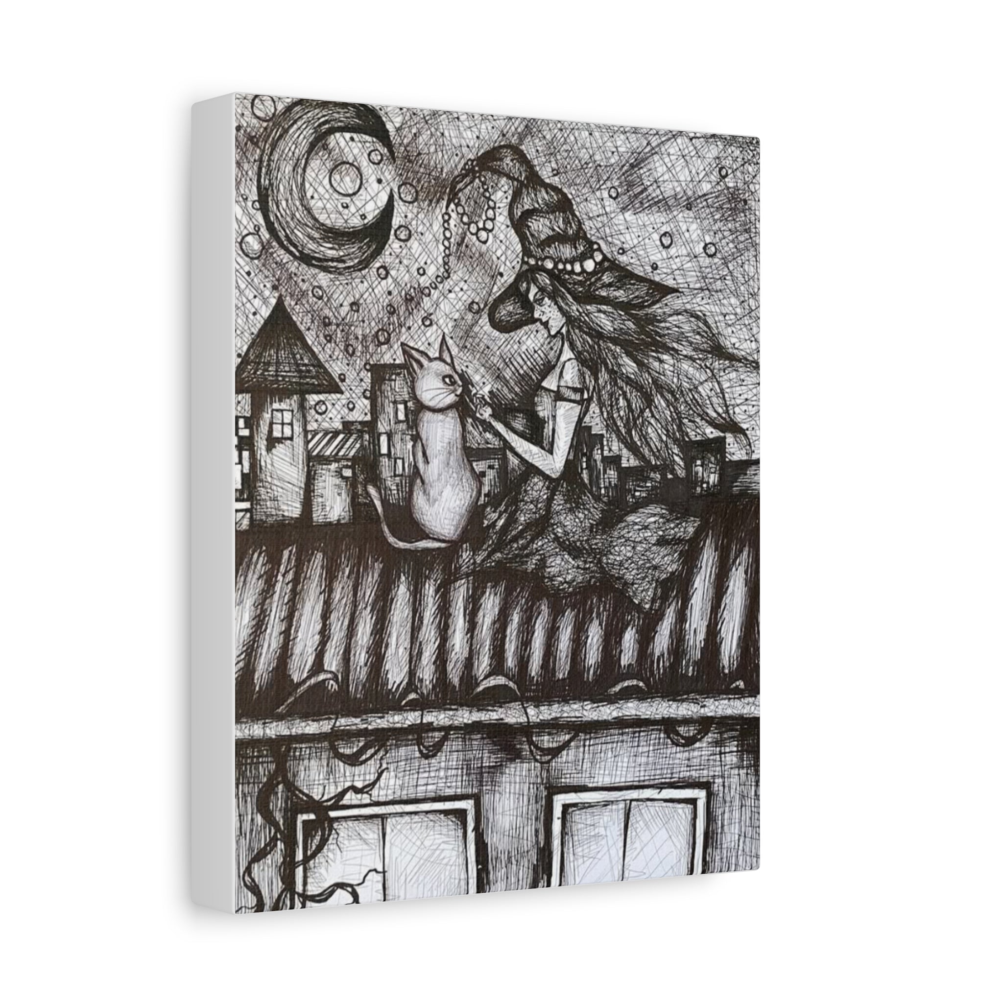 Witch & Cat Rooftop Matte Canvas Wall Art — Black Ink Fantasy Illustration