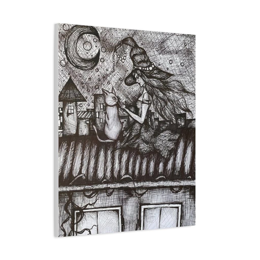 Witch & Cat Rooftop Matte Canvas Wall Art — Black Ink Fantasy Illustration