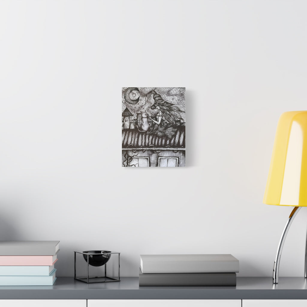 Witch & Cat Rooftop Matte Canvas Wall Art — Black Ink Fantasy Illustration