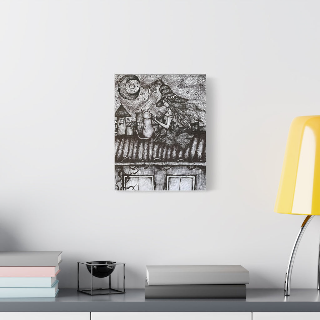 Witch & Cat Rooftop Matte Canvas Wall Art — Black Ink Fantasy Illustration