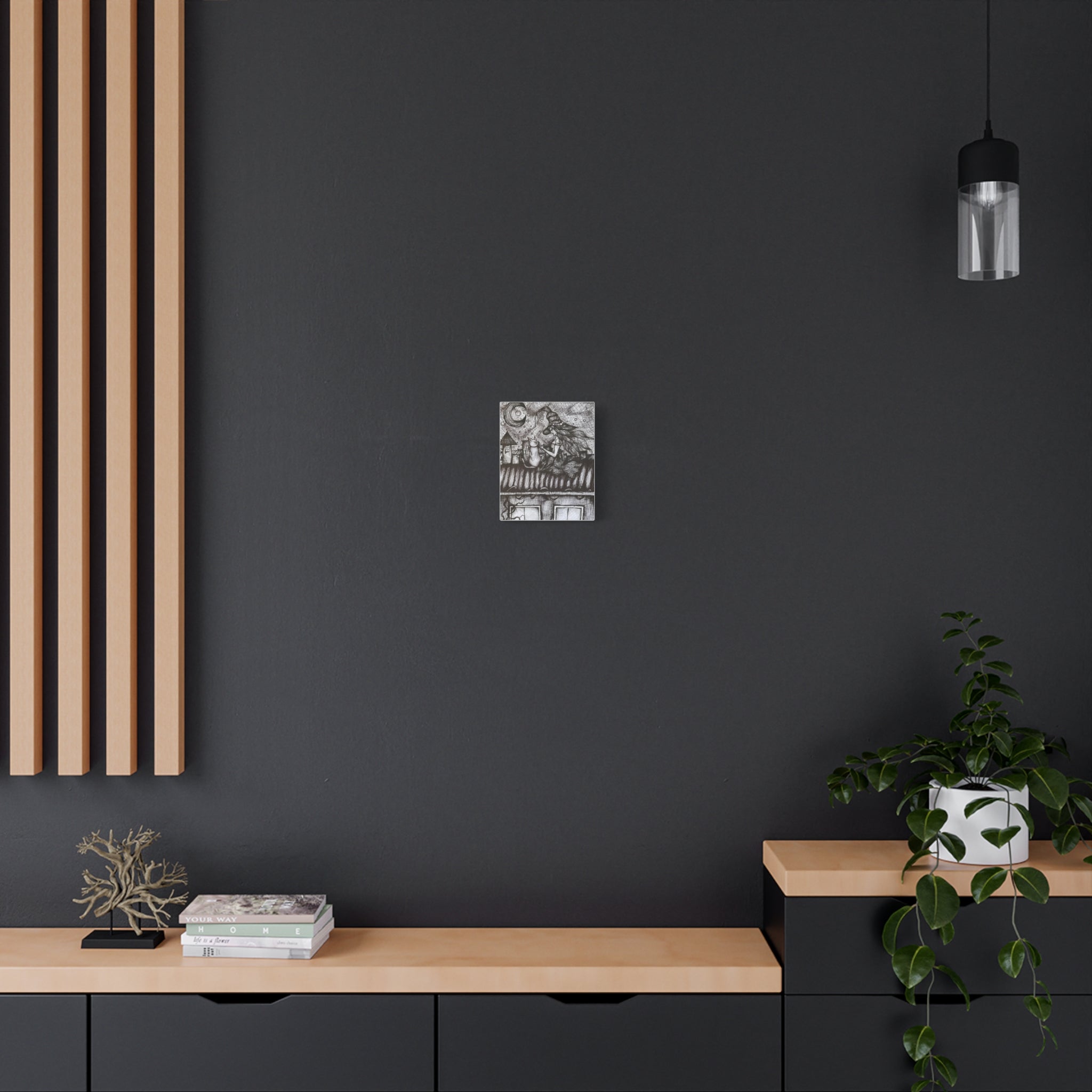 Witch & Cat Rooftop Matte Canvas Wall Art — Black Ink Fantasy Illustration