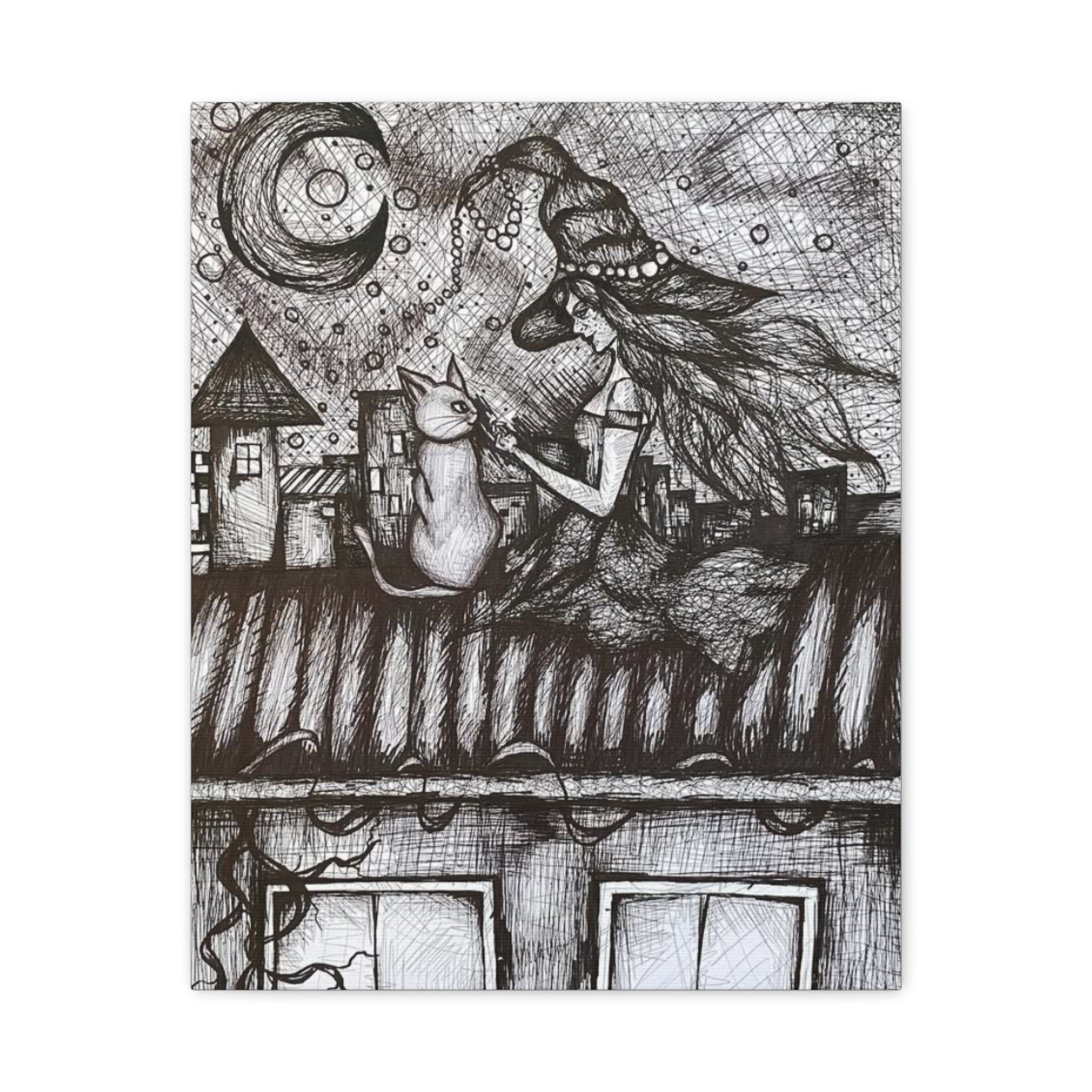 Witch & Cat Rooftop Matte Canvas Wall Art — Black Ink Fantasy Illustration