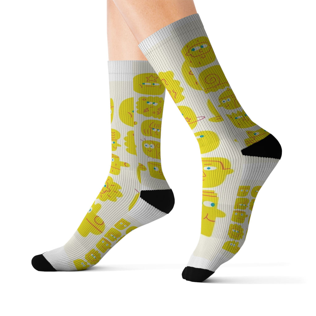 Yellow Emoji Face Crew Socks — Fun Sublimation Novelty Socks