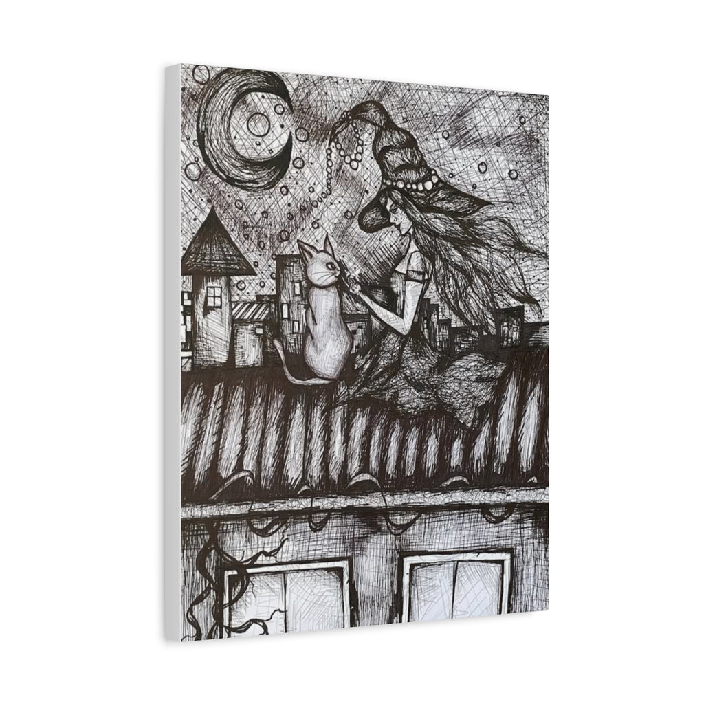 Witch & Cat Rooftop Matte Canvas Wall Art — Black Ink Fantasy Illustration