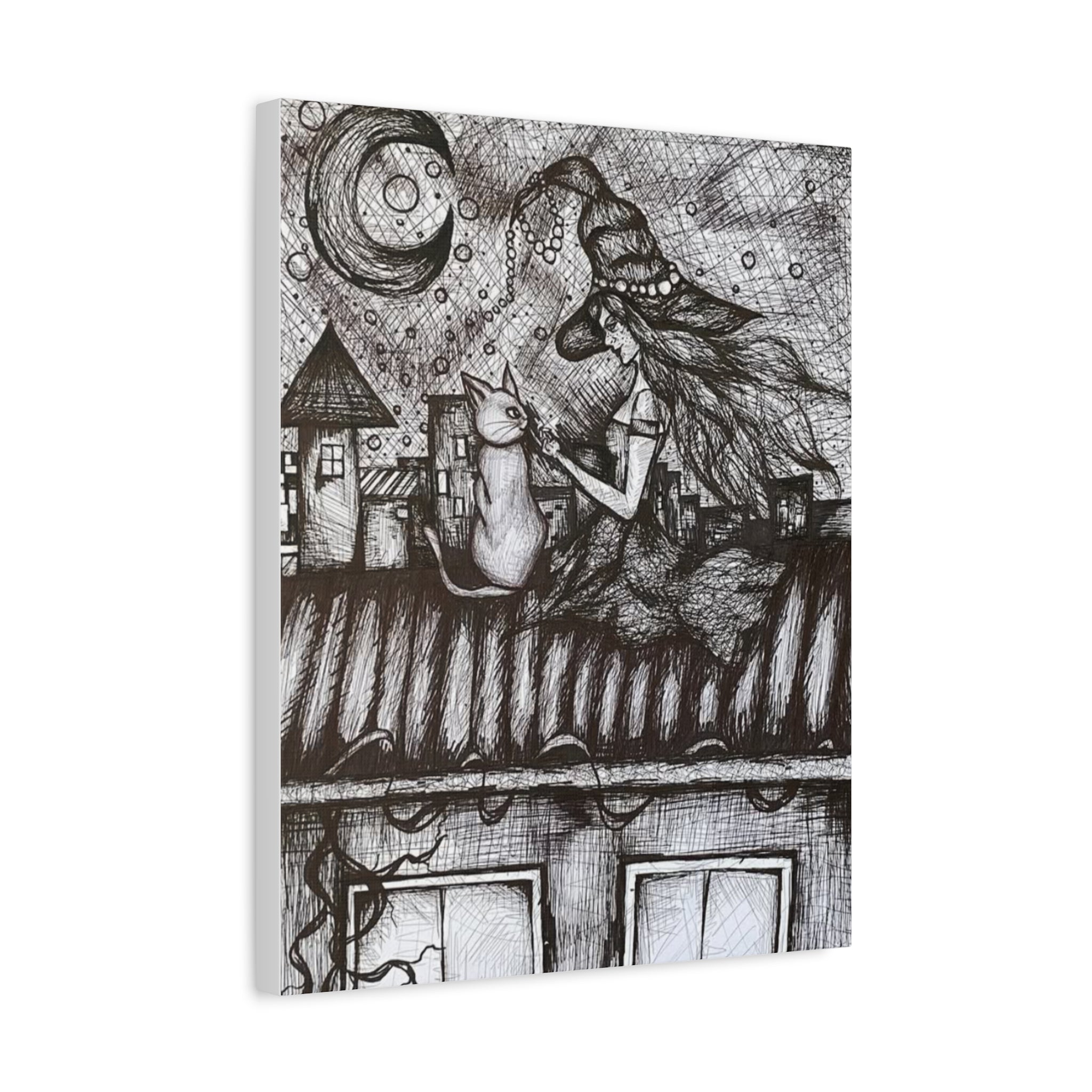 Witch & Cat Rooftop Matte Canvas Wall Art — Black Ink Fantasy Illustration