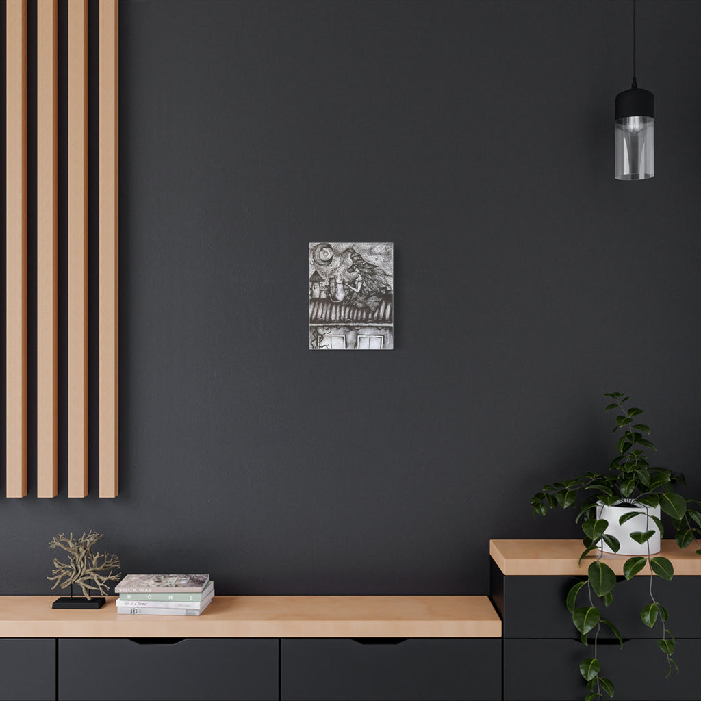 Witch & Cat Rooftop Matte Canvas Wall Art — Black Ink Fantasy Illustration