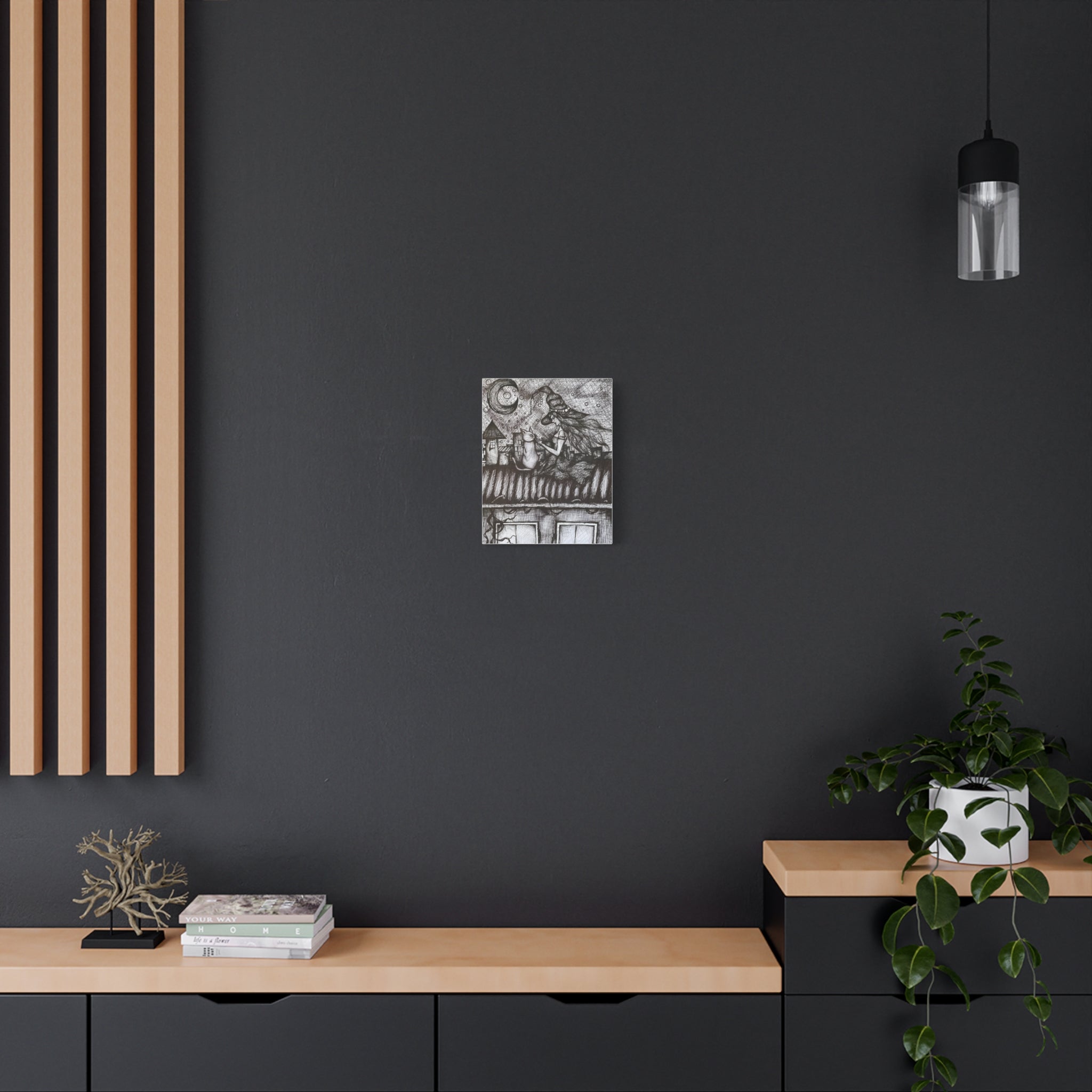 Witch & Cat Rooftop Matte Canvas Wall Art — Black Ink Fantasy Illustration