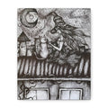 Witch & Cat Rooftop Matte Canvas Wall Art — Black Ink Fantasy Illustration