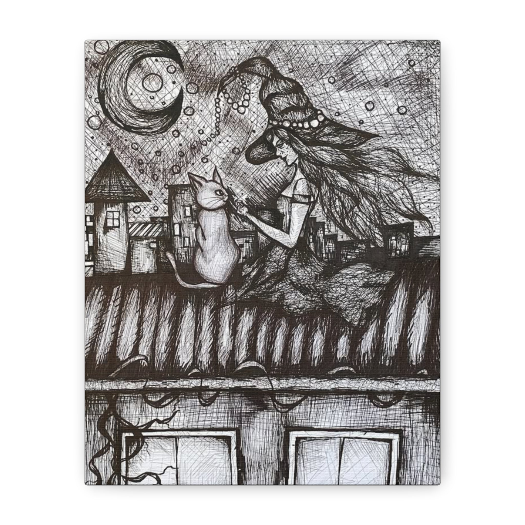 Witch & Cat Rooftop Matte Canvas Wall Art — Black Ink Fantasy Illustration