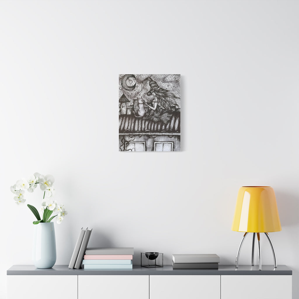 Witch & Cat Rooftop Matte Canvas Wall Art — Black Ink Fantasy Illustration