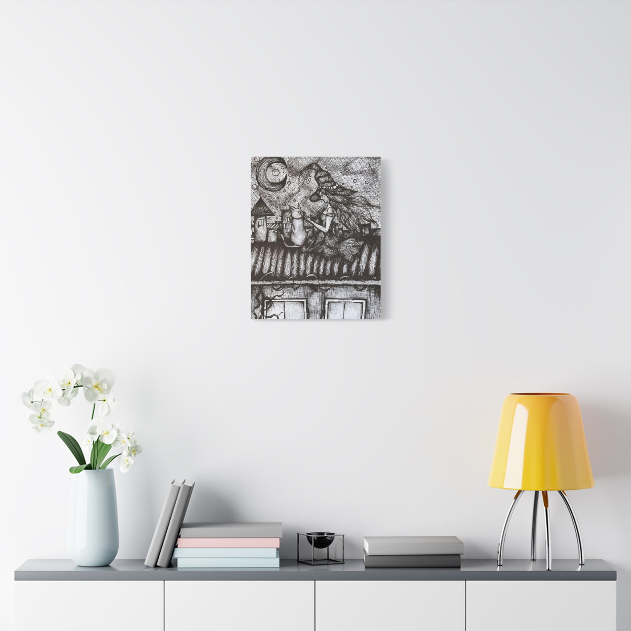 Witch & Cat Rooftop Matte Canvas Wall Art — Black Ink Fantasy Illustration