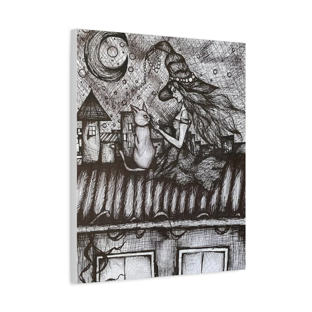 Witch & Cat Rooftop Matte Canvas Wall Art — Black Ink Fantasy Illustration