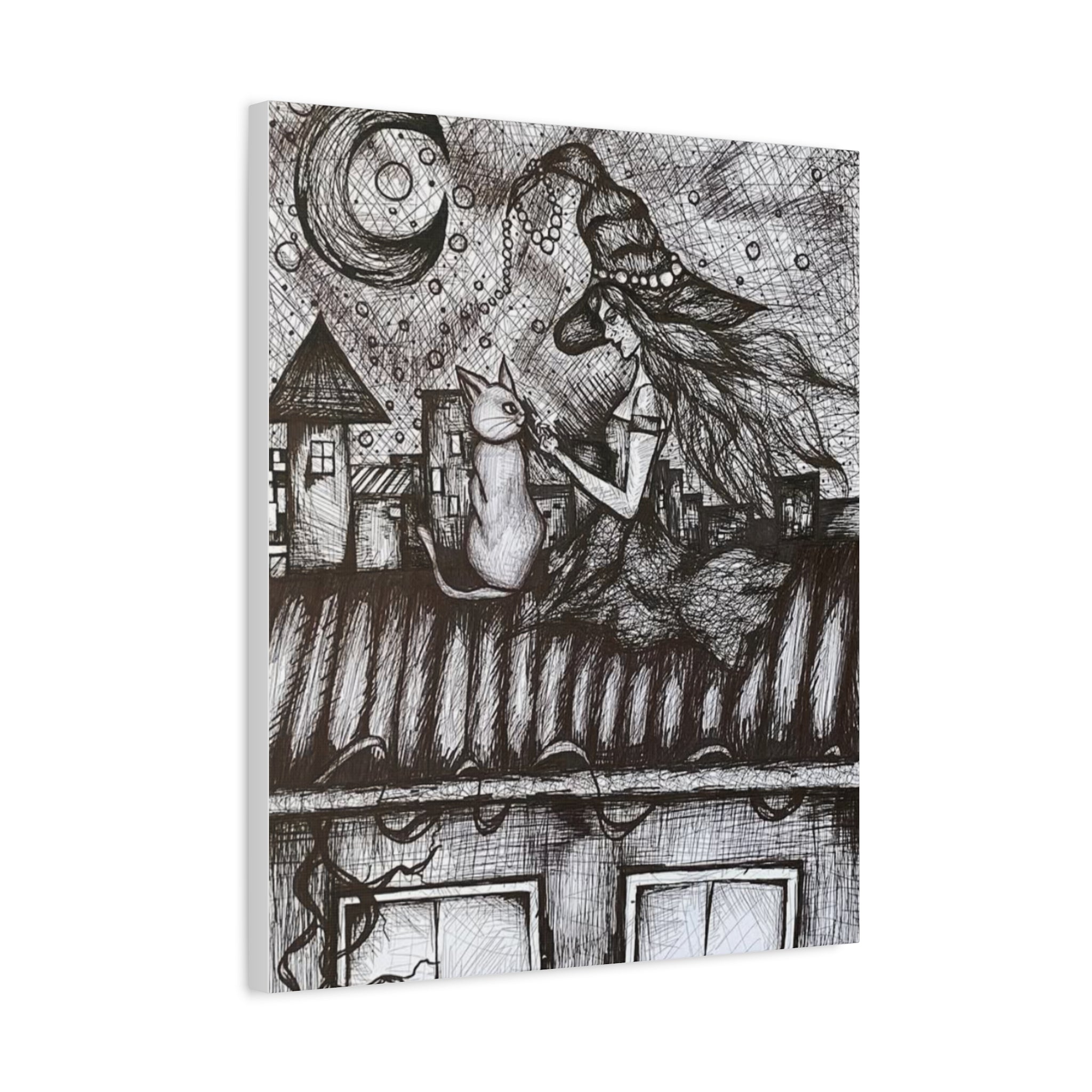 Witch & Cat Rooftop Matte Canvas Wall Art — Black Ink Fantasy Illustration