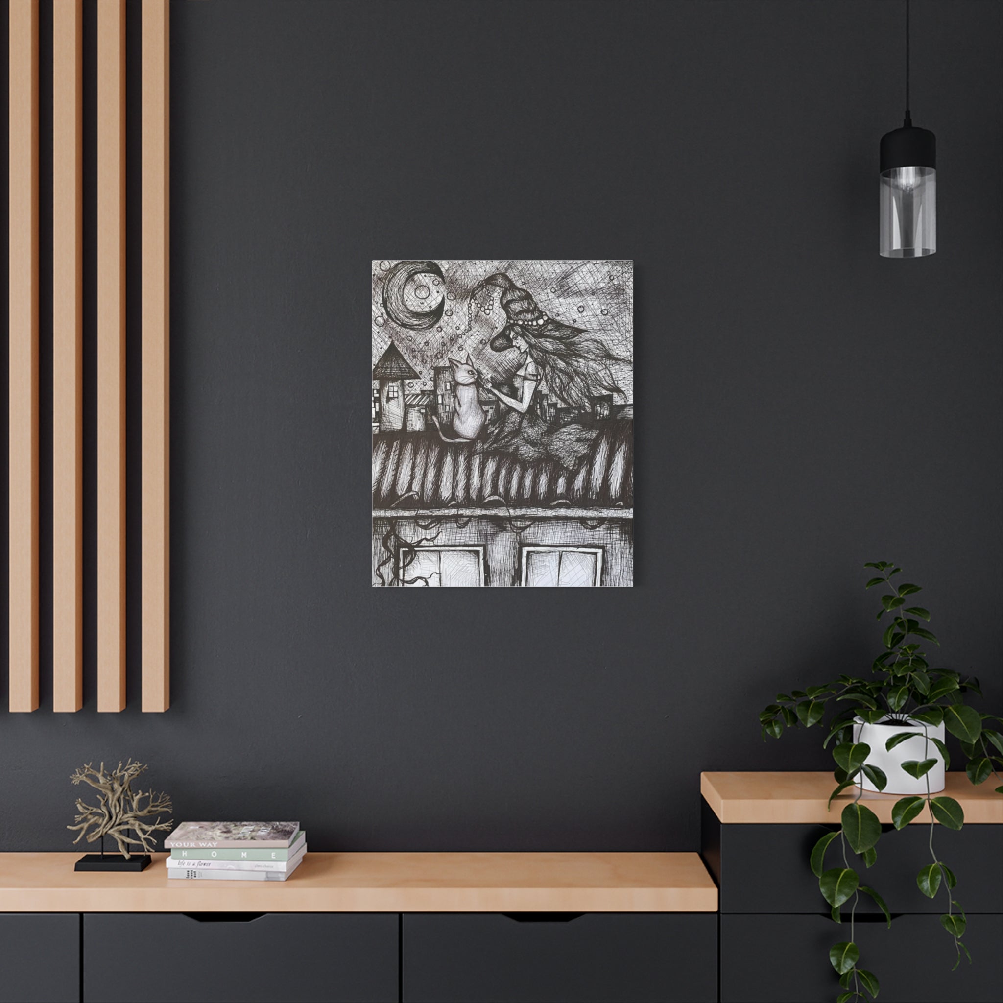 Witch & Cat Rooftop Matte Canvas Wall Art — Black Ink Fantasy Illustration