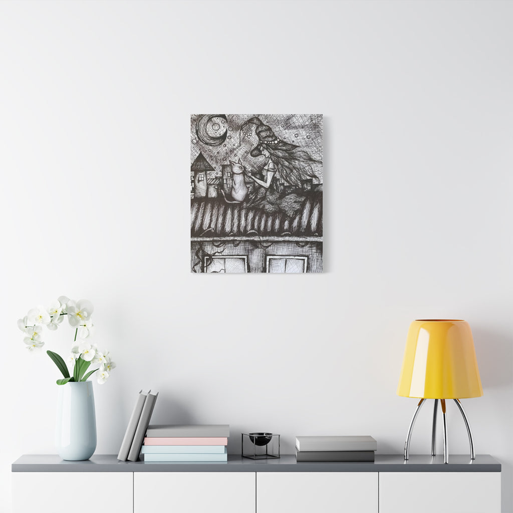Witch & Cat Rooftop Matte Canvas Wall Art — Black Ink Fantasy Illustration