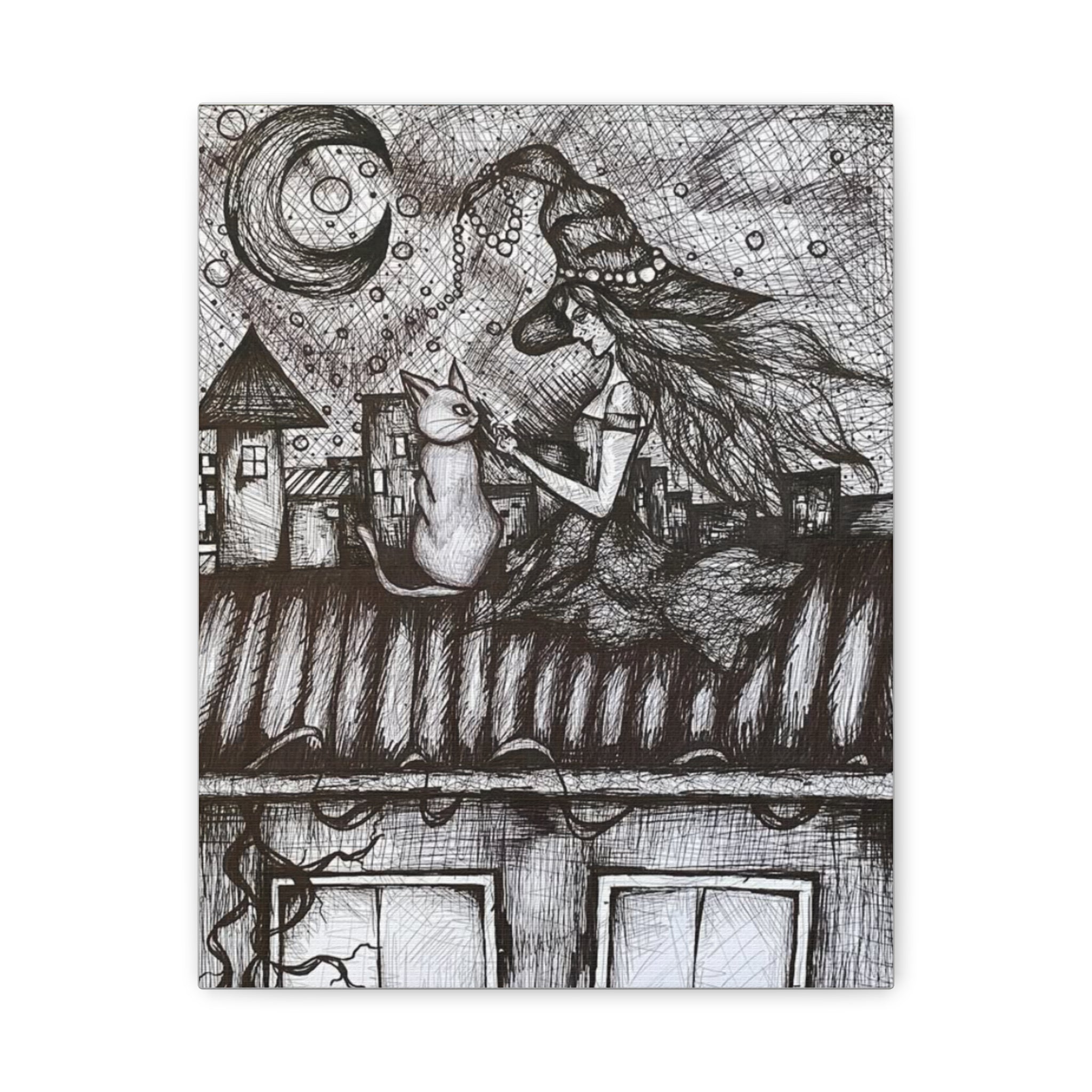 Witch & Cat Rooftop Matte Canvas Wall Art — Black Ink Fantasy Illustration