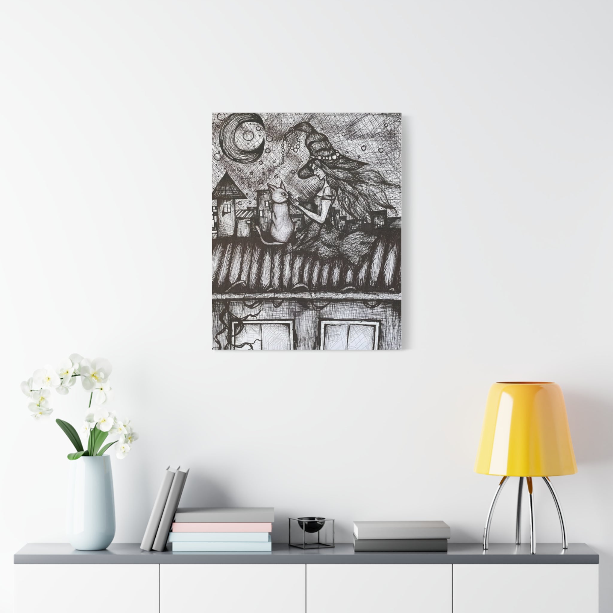 Witch & Cat Rooftop Matte Canvas Wall Art — Black Ink Fantasy Illustration